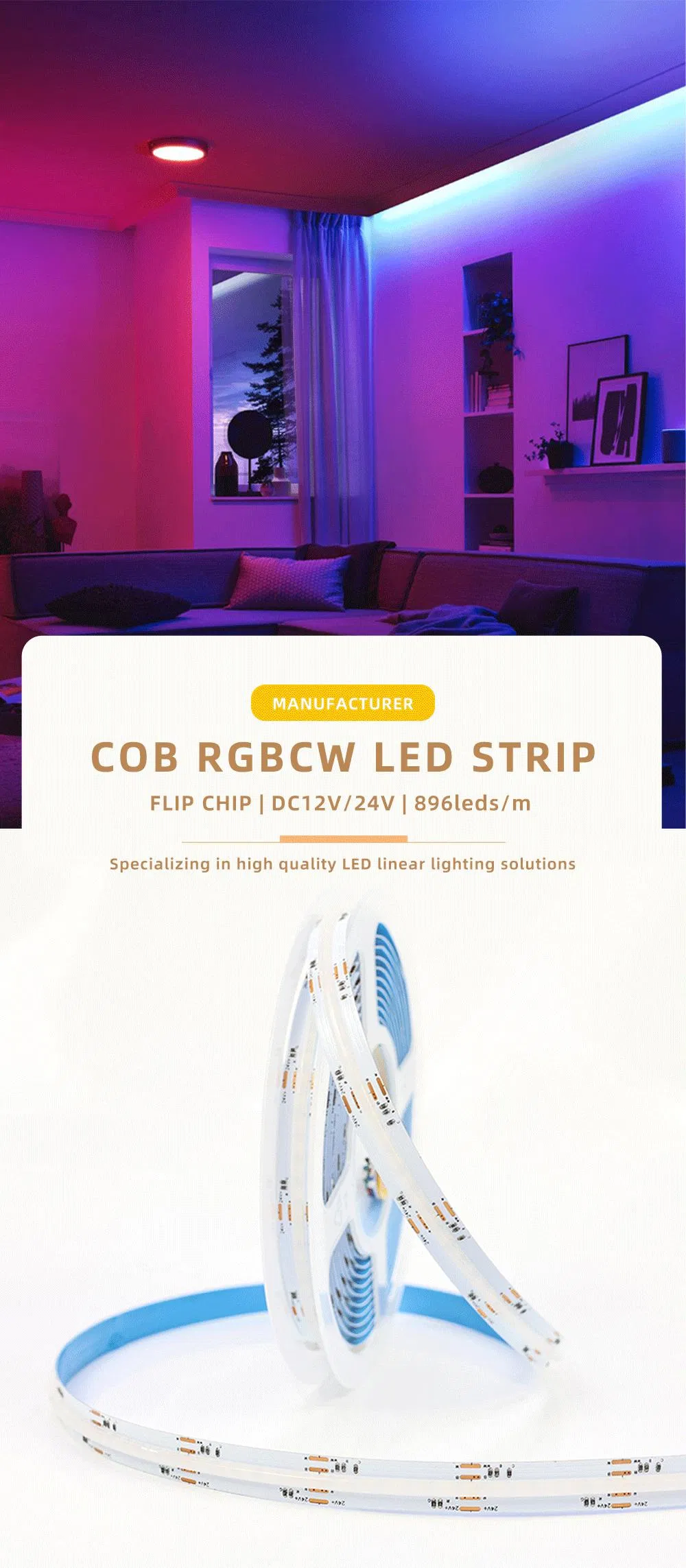 Fita LED COB Rgbcw, Fitas COB Flexíveis