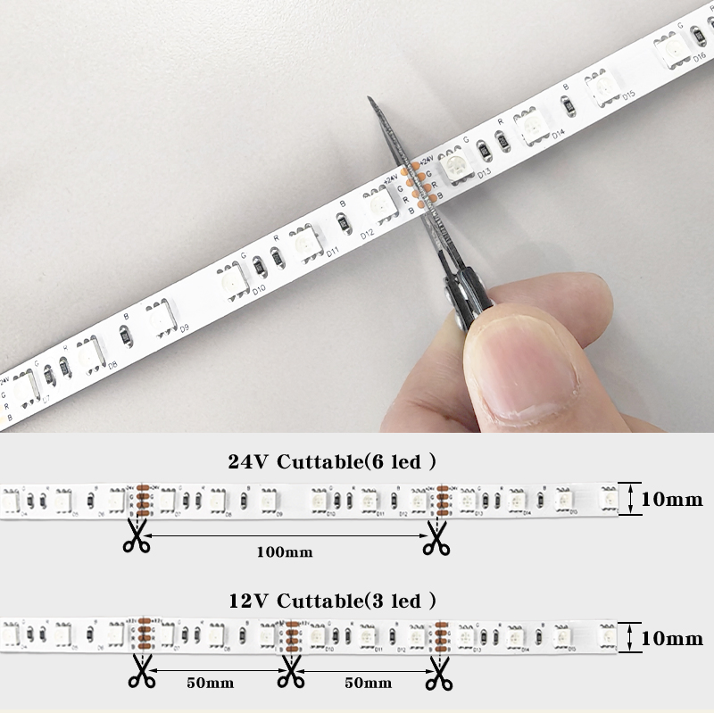 Fita de LED RGB SMD 5050 12V 24V 96LEDs/m IP67 à prova d'água para iluminação de fundo de TV, iluminação inteligente para casa