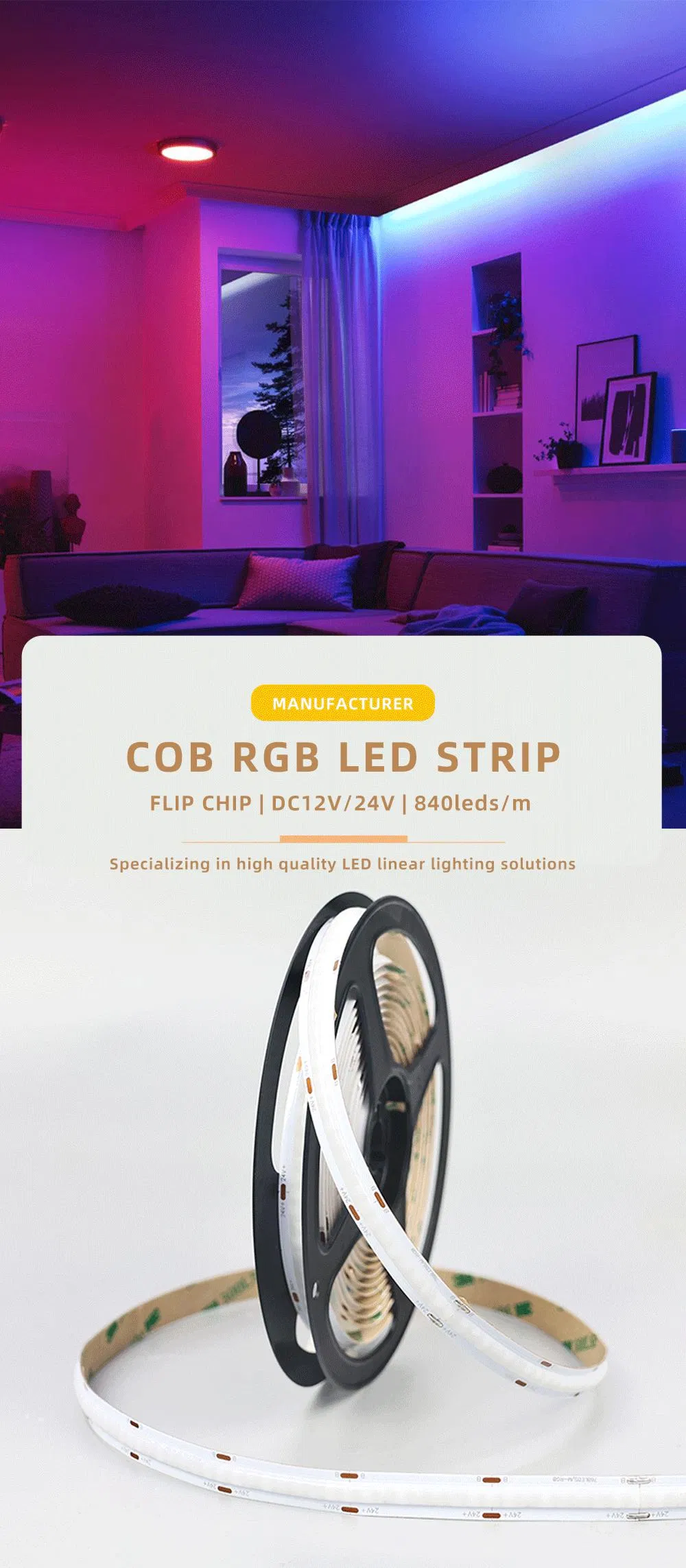 Fita LED COB RGB OEM ODM 840LEDs 24V Fita COB flexível para decoração de natal