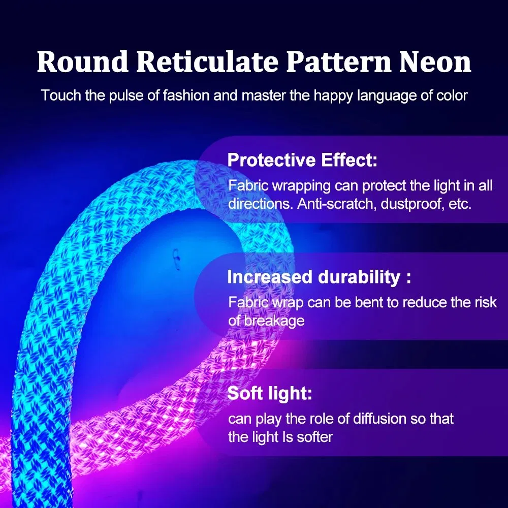 Fita de LED Neon 360360 Padrão Reticulado Redondo de 0 Graus Fita de LED Neon 50LEDs/M Fita de Luz de Corda Flexível de Cor dos Sonhos RGB+IC em Silicone DC5V
