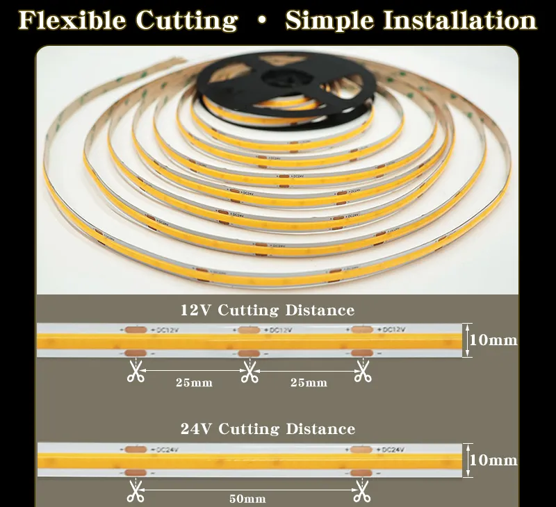 Alta Brilho CRI90 5mm 8mm 10mm Fita LED COB 480LEDs/m Sem Pontos 24v Fita Flexível LED COB para Iluminação de Armários