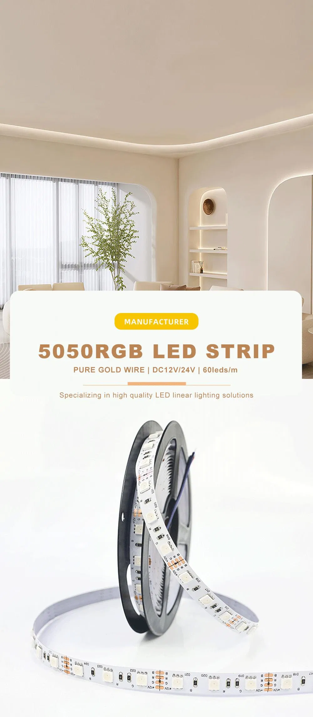 SMD5050 Fita LED RGB 60LEDs/M DC12V 24V Fita LED Flexível à Prova d'Água para Decoração de Natal em Casa Iluminação de Armários
