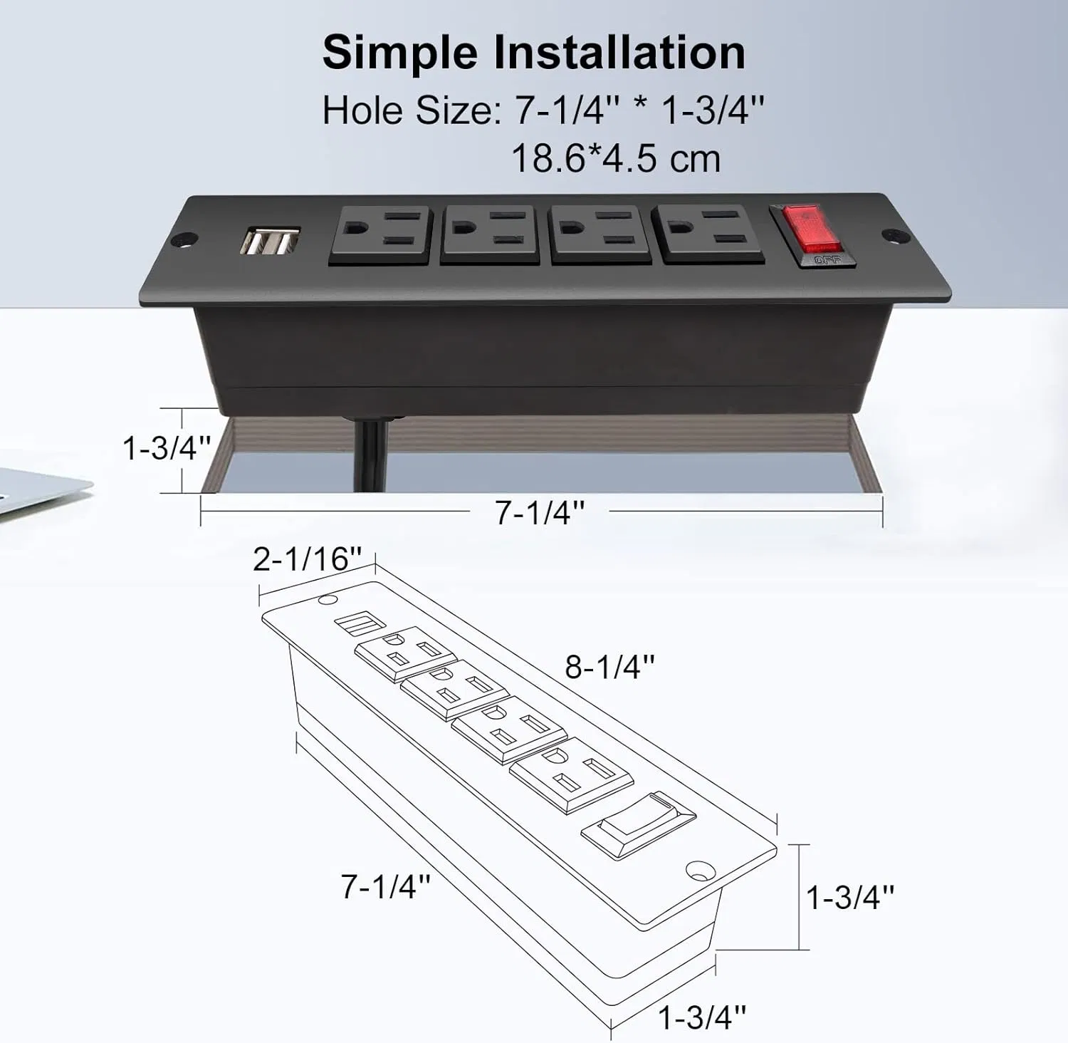 Tomada de Mesa Embutida com Portas USB-a Duplas e Controle de Luz LED para Fornecimento de Cabo de Energia para Armário