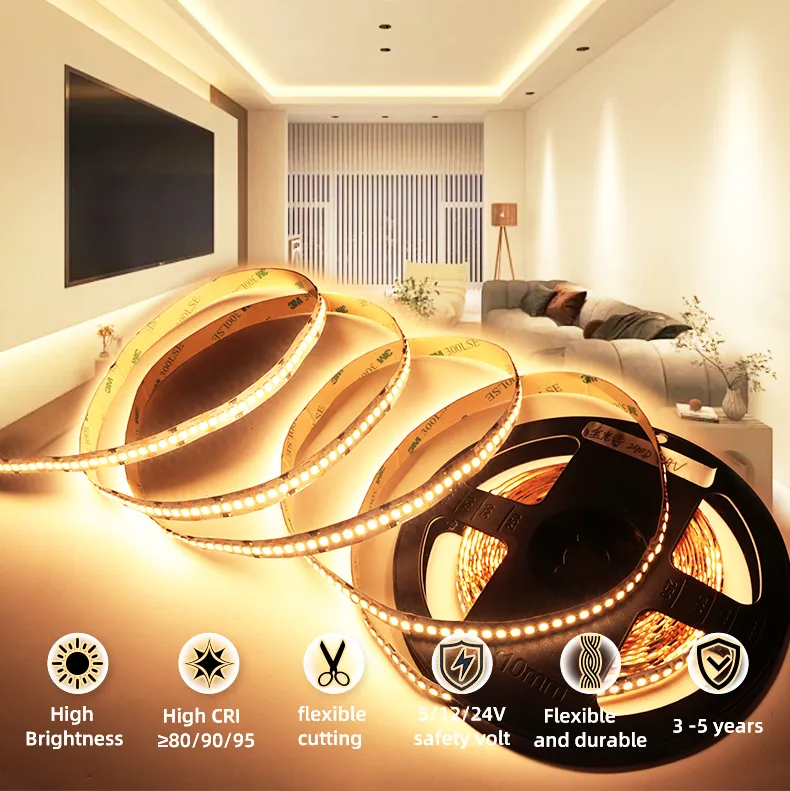 Alta Brilho 12V 24V 60 120 180 240 LEDs/m 2835 Fitas de LED SMD Cortáveis Flexíveis Fita de LED Branca Certificada TUV CE para Decoração Interna de Casa