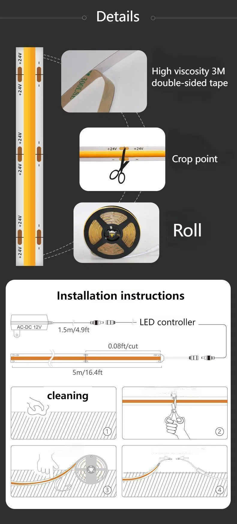 8mm Fita de Luz LED Flexível Adesiva Decorativa COB de Baixa Tensão