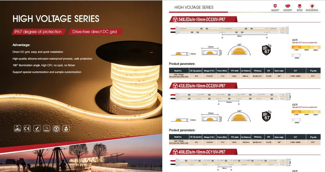 AC220V AC110V Iluminação Flexível COB Sem Pontos IP65 Luzes de Cordão Externas LED Strip