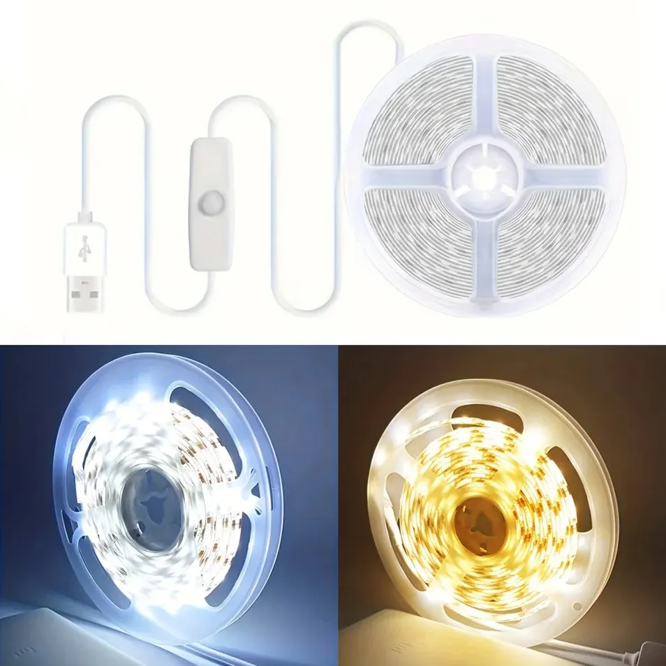 5V Fitas de LED USB 2835 Fita de Iluminação Flexível SMD Cortável com Interruptor para TV, Espelho, Armário, Decoração de Quarto