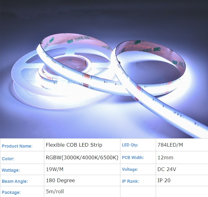 Tira de LED COB RGBW Flexível de Alta Densidade Mudança de Cor 12mm para Decoração de Casa