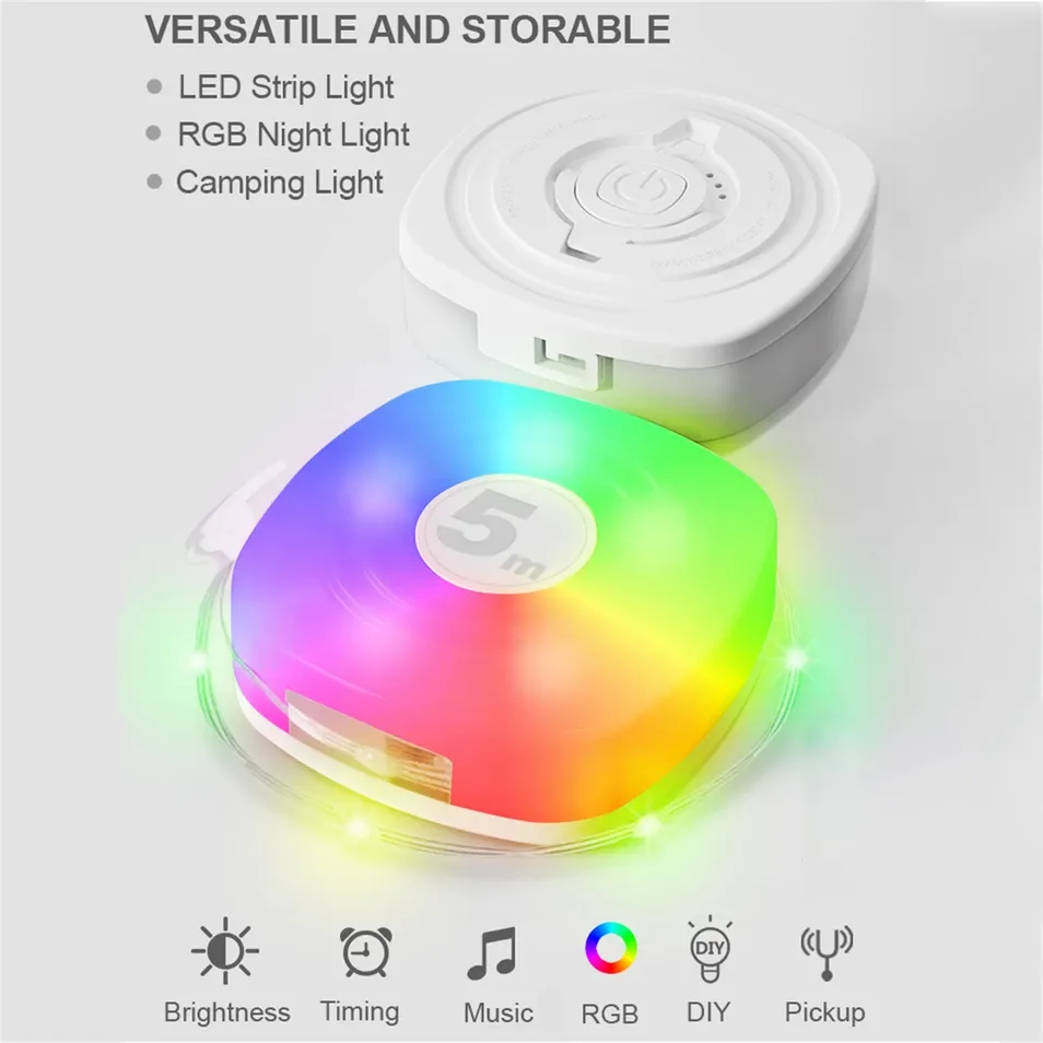 Fitas de LED portáteis RGB à prova d'água com carregamento USB dobráveis