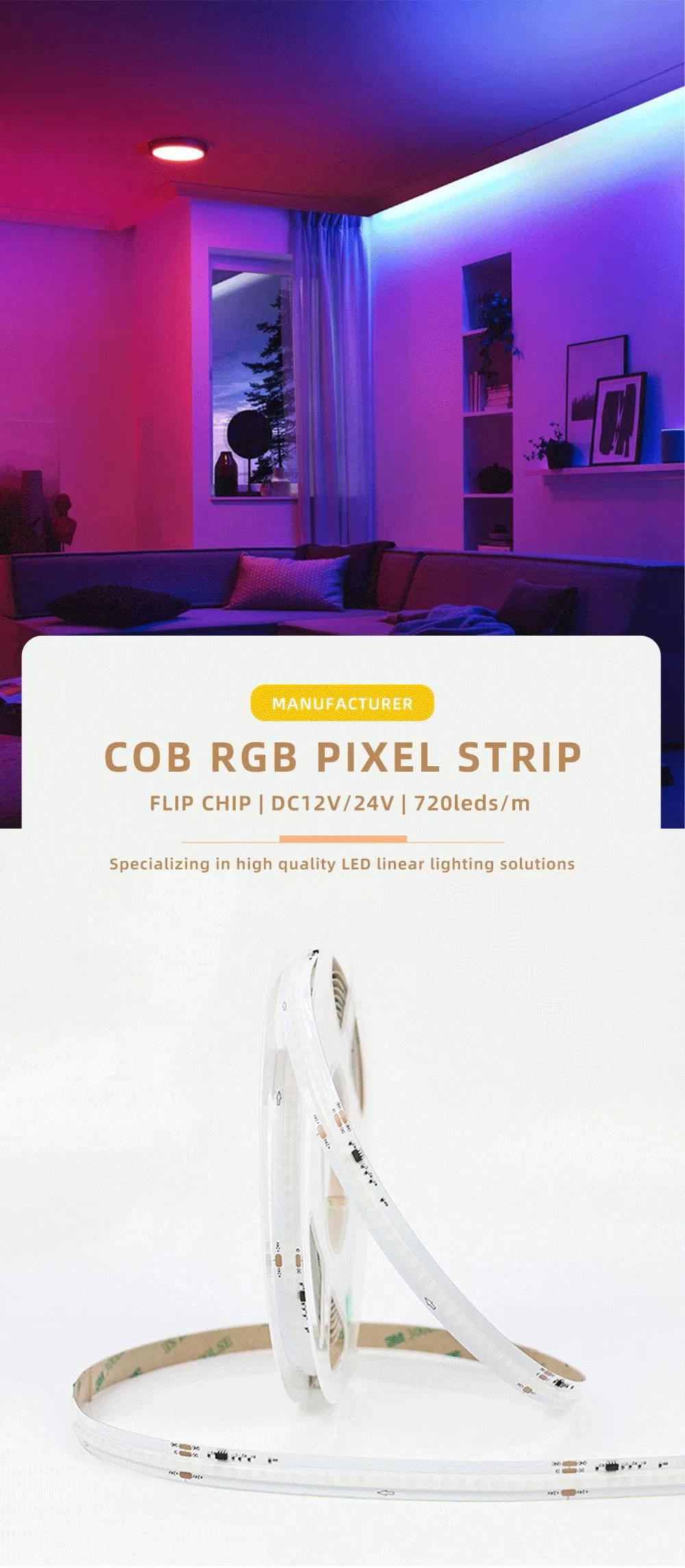 OEM ODM Fita LED COB Endereçável Full Dream Color 24V Controle de Pixel 720LEDs WS2811