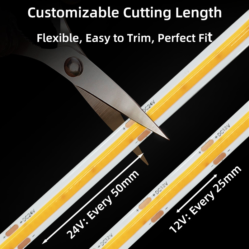 Fita de LED COB de alta densidade flexível OEM ODM 24V Dimerizável para armário, luz de fundo de TV, quarto, cozinha