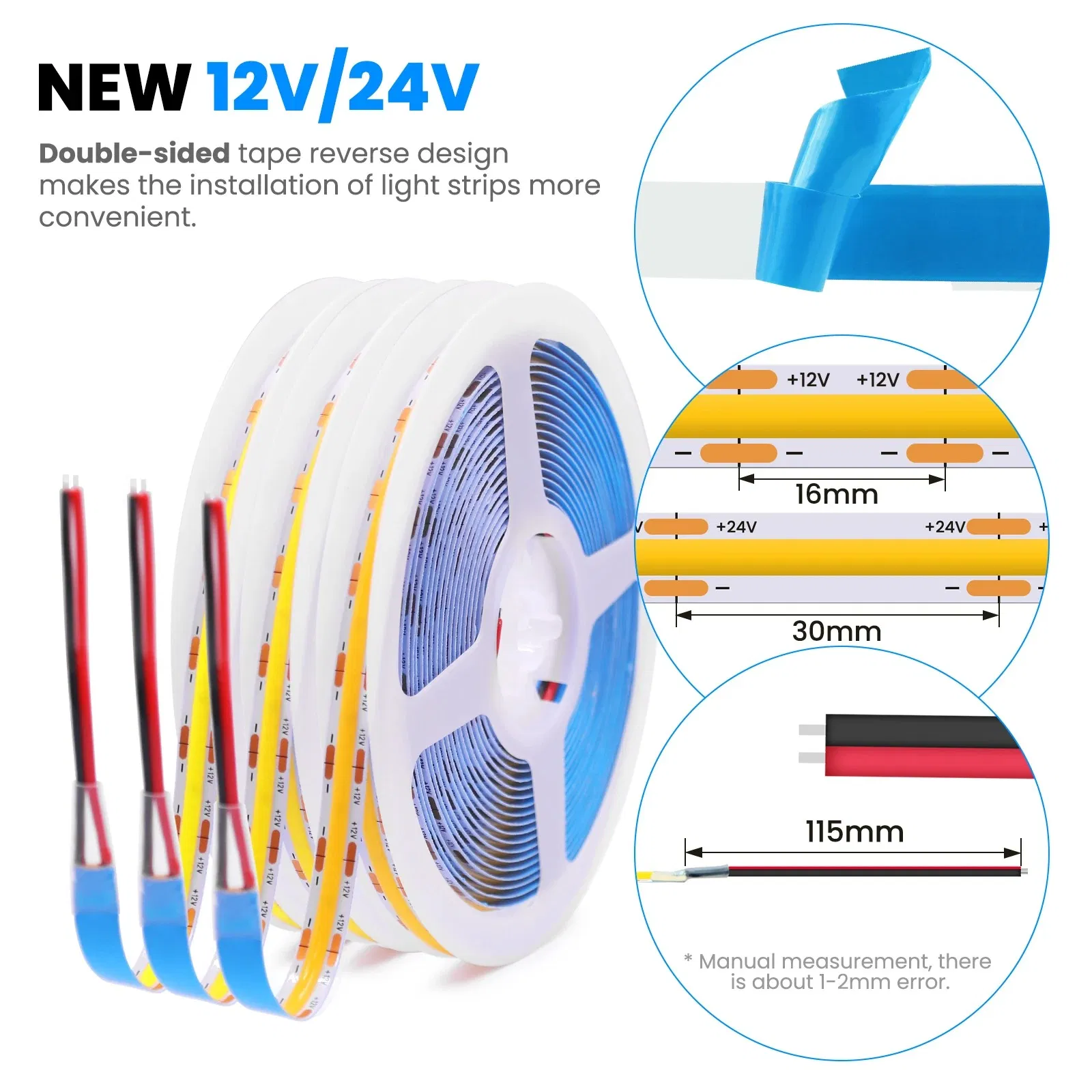 DC 12V 24V COB Strip 480 384 320 528ledsm Alta Densidade Ra90 Branco 3000K 4000K 6000K IP21 Fita Flexível de LED em Corda