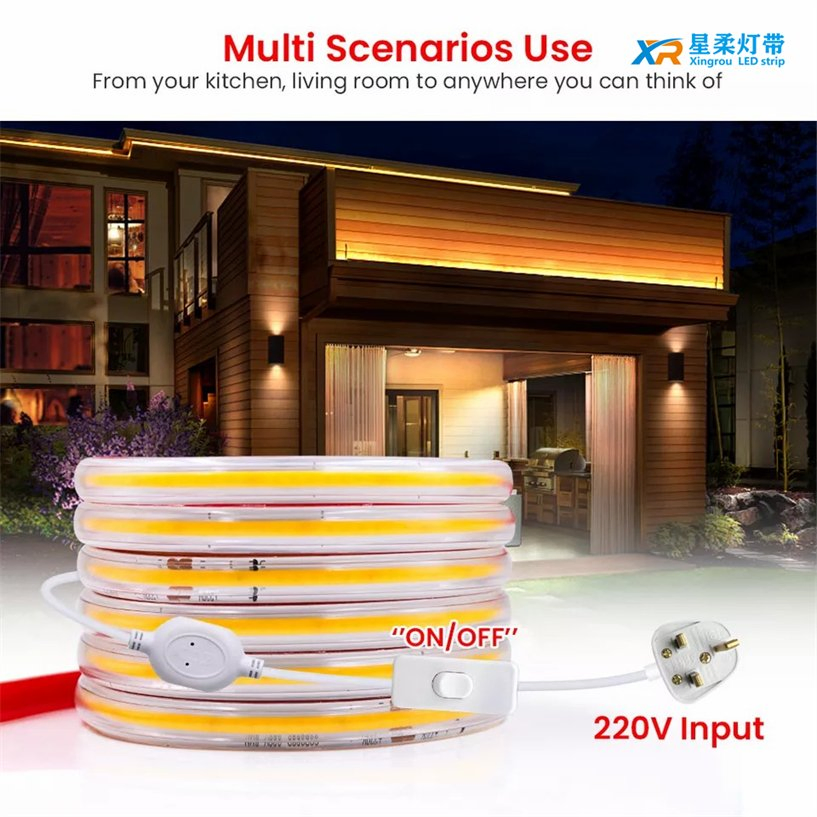 Fita de Luz COB LED de Alta Qualidade 220V Fita de Luz COB LED Flexível e Inteligente para Iluminação de Fundo de TV