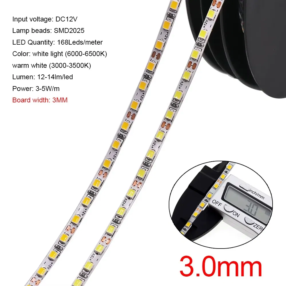 5V Fitas de LED USB, 3mm SMD 2025, Branco / Branco Quente / Branco Natural