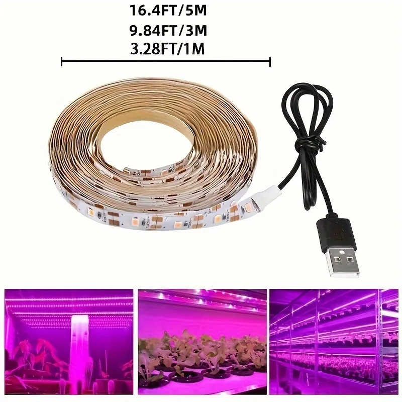 Fita de Luz de Cultivo LED de Espectro Completo, 16FT Lâmpada de Planta USB