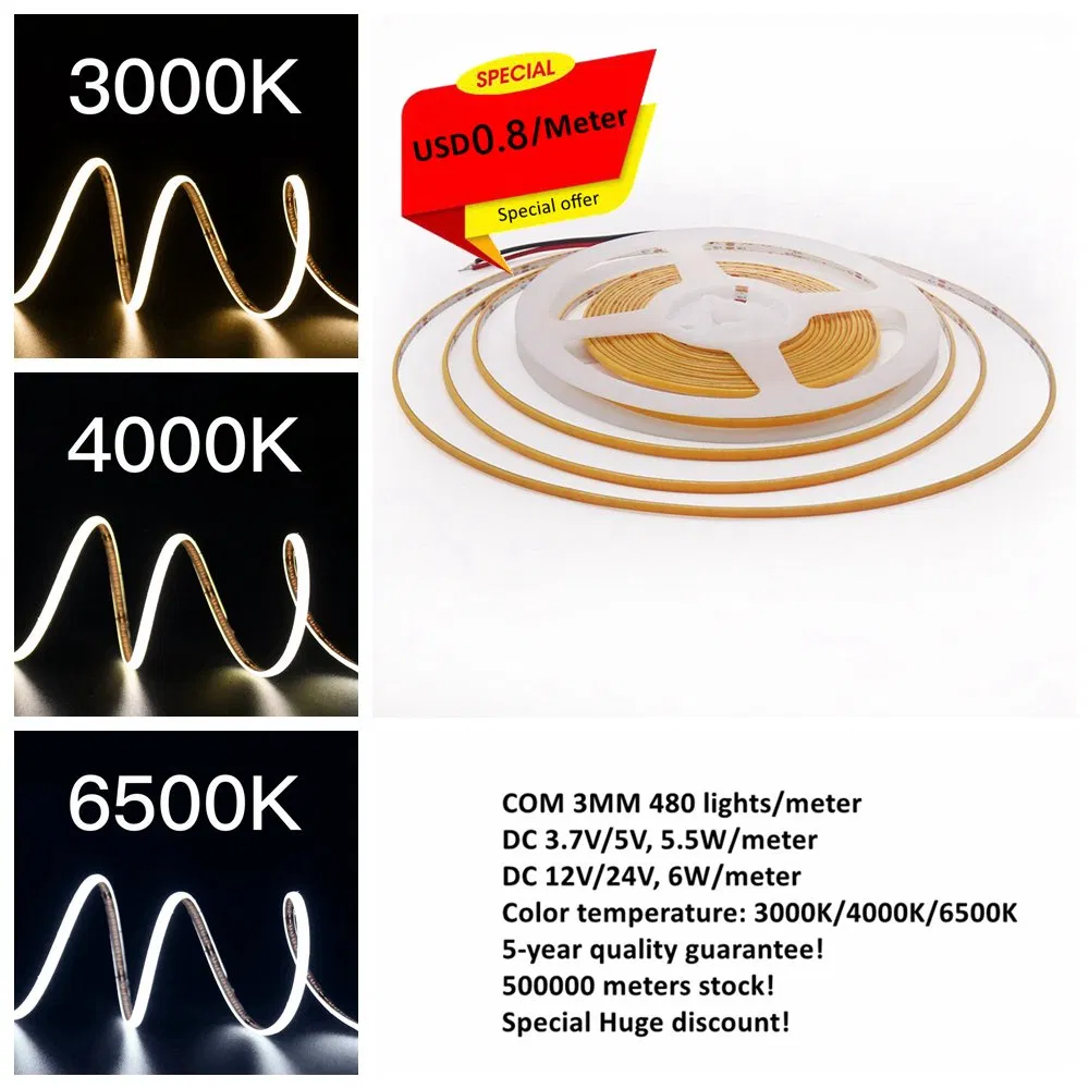 3.7V Fita de LED COB Dimmable 2700K Branco Quente IP20 À Prova d'Água para Iluminação de Escadas Externas 10mm Cortável