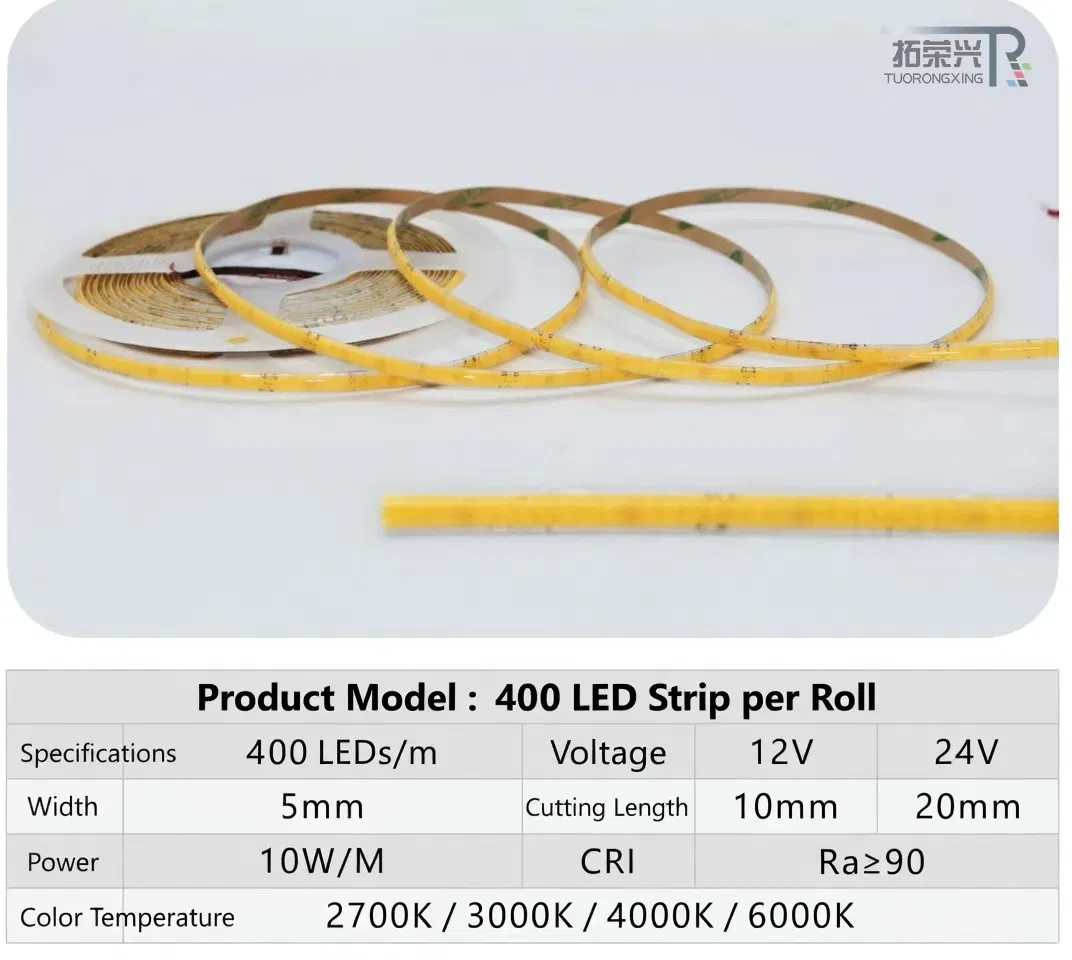 400 Fita de LED COB de Alta Densidade Sem Pontos Flexível 12V 24V Iluminação Ultra Brilhante para Exibição em Gabinetes