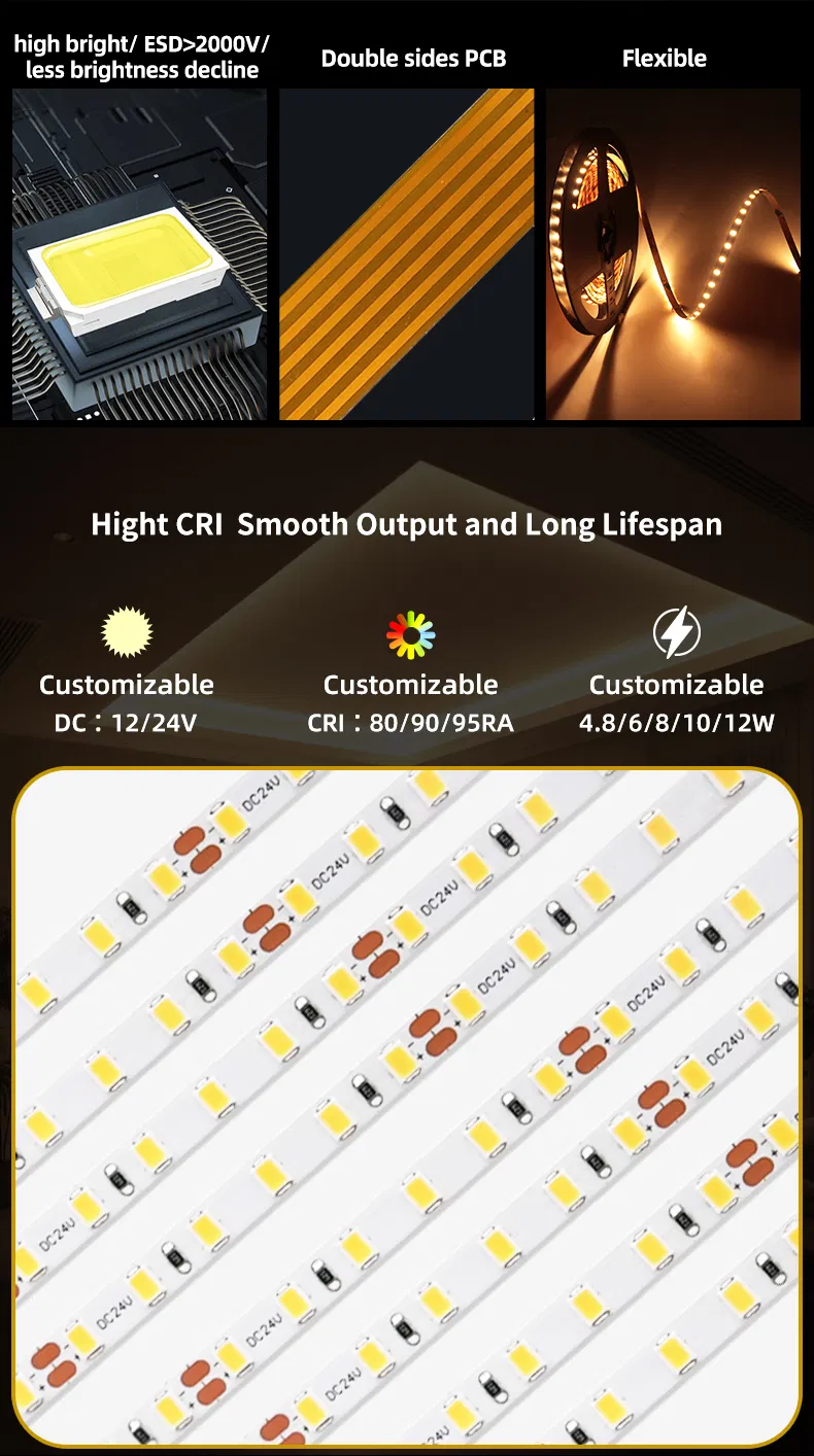 Iluminação de Faixa LED Atacado CRI90 18W/m IP20 IP65 IP67 Fita Flexível Opcional para Decoração de Armários em Casa