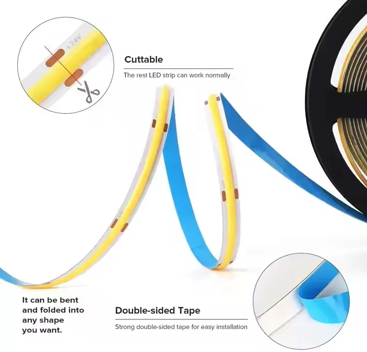 DC 12V/24V 6500K Fita de LED COB 384LEDs/M Fita de LED Flexível para Projetos de Iluminação DIY em Casa