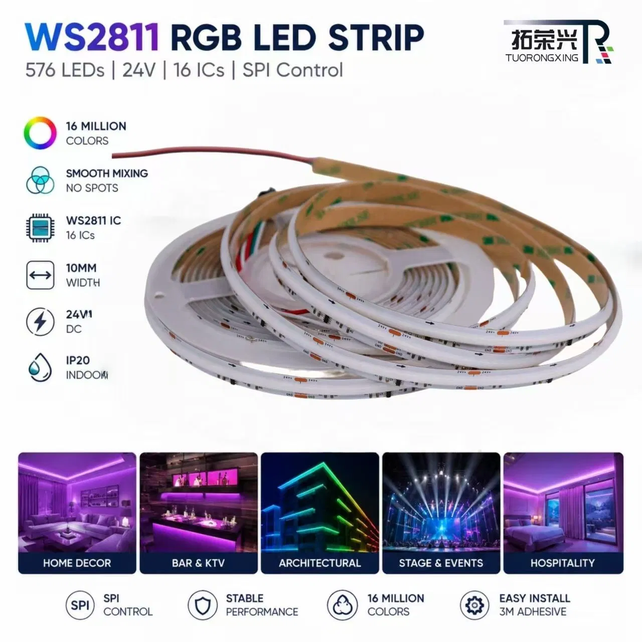 Ws2811 LEDs Rgbic Endereçáveis 576 Sem Ponto Alta Densidade Pixel Inteligente Fita de Luz COB