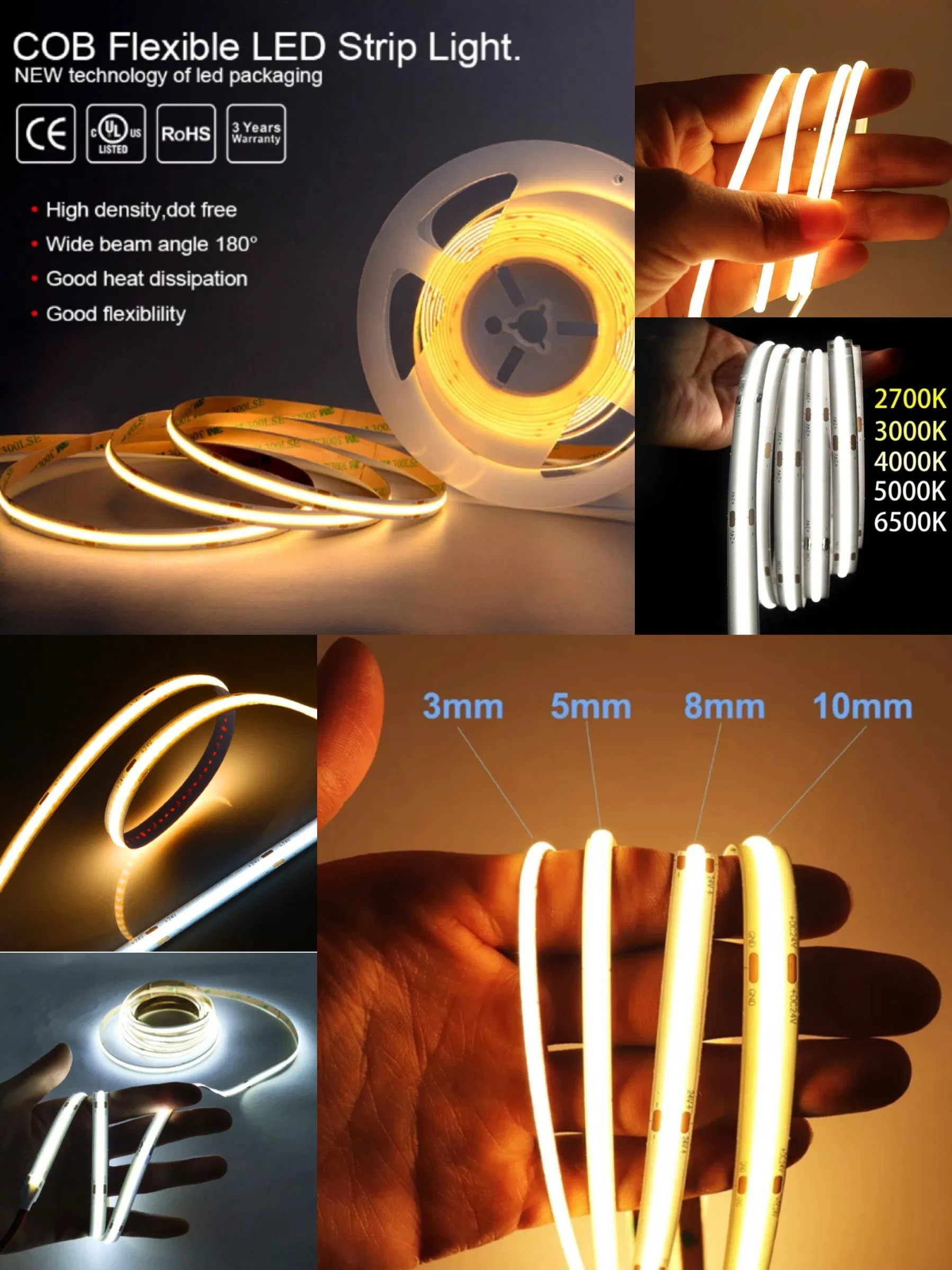 Fita LED Sem DOT 2700K/3000K/4000K/5000K/6000K 12V Luzes de LED COB Flexíveis para Iluminação Comercial