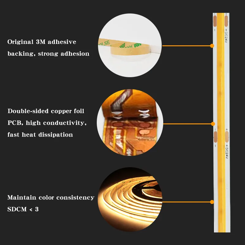 Alta Brilho CRI90 5mm 8mm 10mm Fita LED COB 480LEDs/m Sem Pontos 24v Fita Flexível LED COB para Iluminação de Armários
