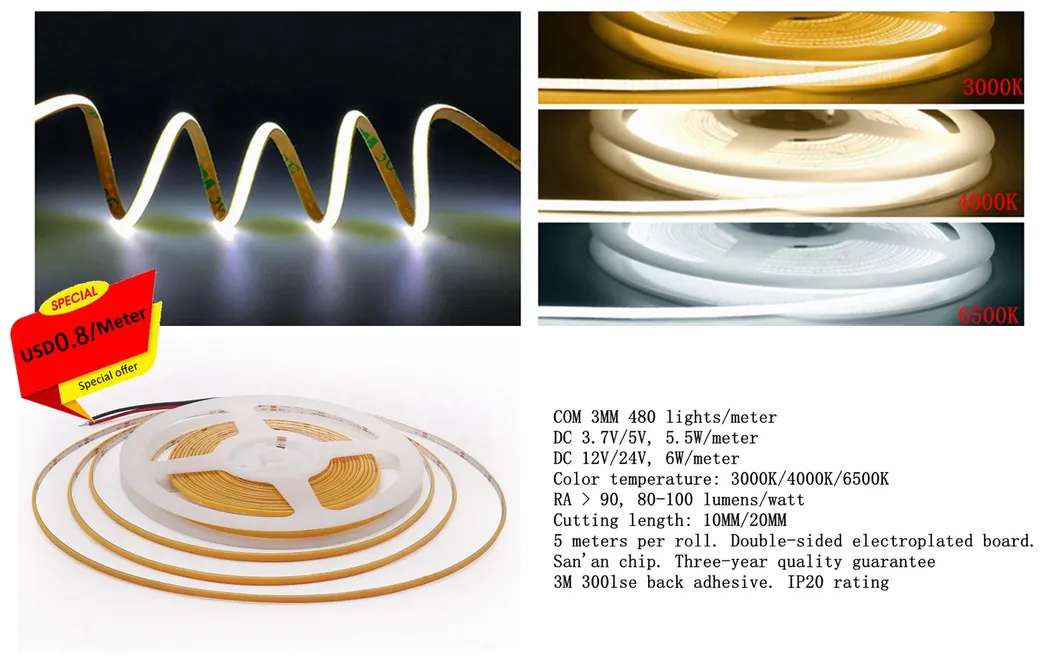 5V Fita LED COB Alimentada por USB 6500K Branco Dia 480LEDs/M Ultra Flexível para Iluminação de Sincronização de Gabinete de PC