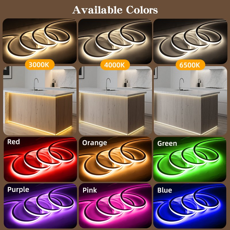 24V IP67 Fita de Luz Neon Flex de Silicone à Prova d'Água, Alto Lúmen 80/90RA Efeito Sem Ponto Decoração de Luz Neon para Interior e Exterior