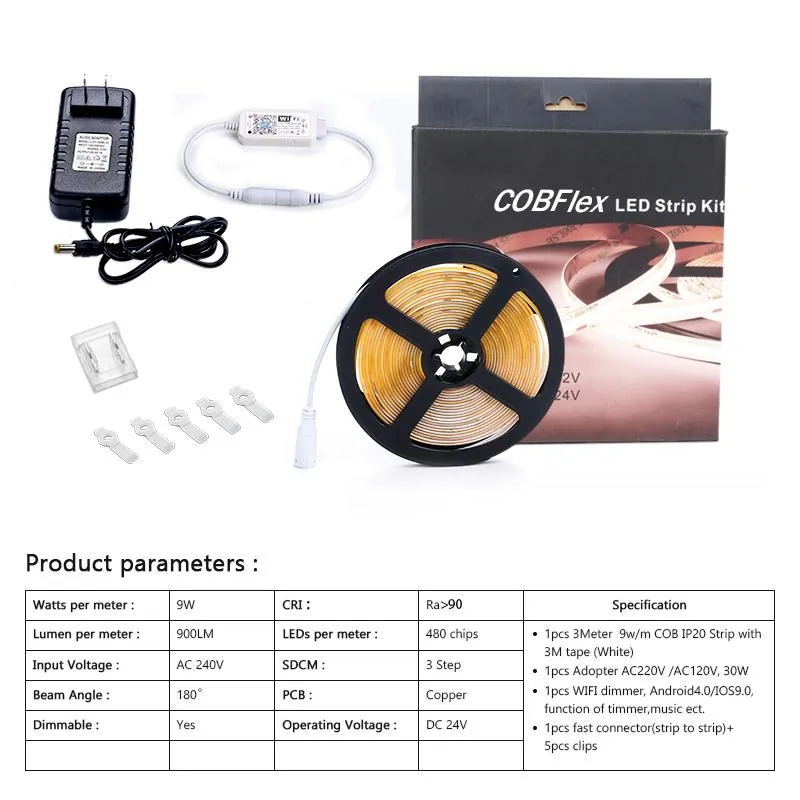 Fita de LED COB com luz de fundo LED para TV no atacado, cor de emissão branca quente, WiFi