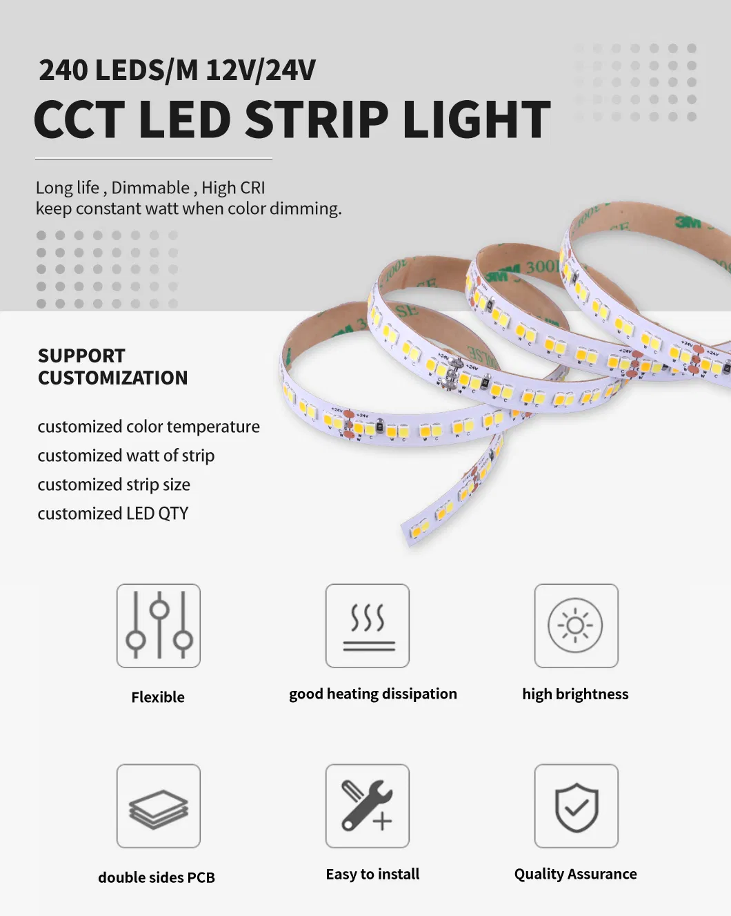 OEM ODM Mudança de Cor CCT SMD2835 Fita LED 240LEDs/M 2700~6500K 24V Fita LED DC