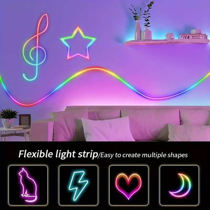 Fita de Luz de Silicone Mágica USB com Controle de Voz 5V Fita de Neon Flexível LED de Mudança de Cor para Atmosfera de Jogo