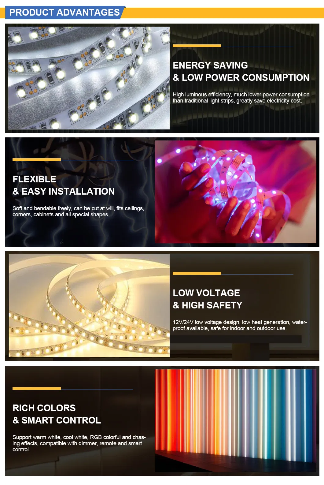 Iluminação de fita LED flexível com controle único e ponto único para retomar a partir do ponto de interrupção, ideal para cozinha sob o armário