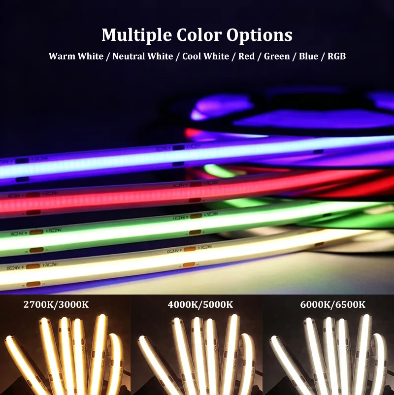Alta Brilho CRI90 5mm 8mm 10mm Fita LED COB 480LEDs/m Sem Pontos 24v Fita Flexível LED COB para Iluminação de Armários