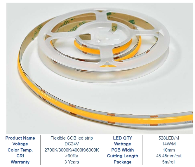Fita de LED COB flexível de alta densidade 320LED/480LED/528LED DC24V branca