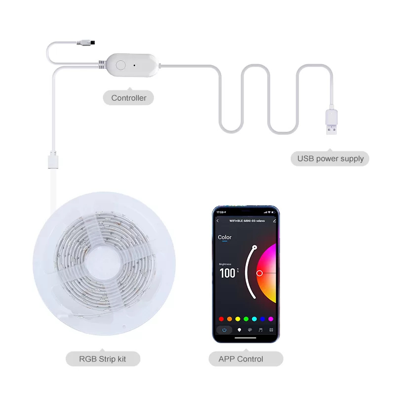 Fita de LED Neon Flexível RGBW Rgbcct Conexão USB Controle WiFi IR Música