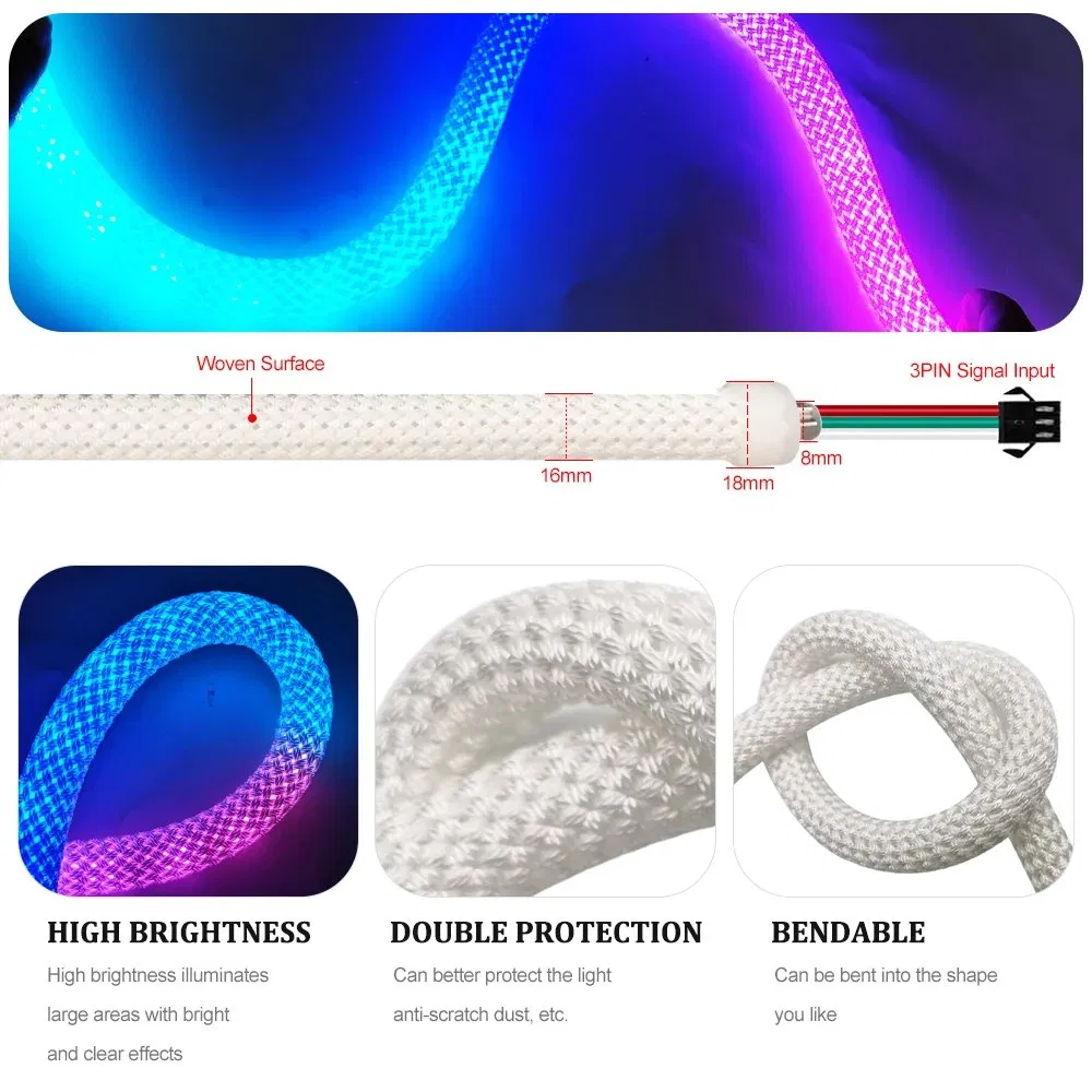 Fita de LED Neon 360360 Padrão Reticulado Redondo de 0 Graus Fita de LED Neon 50LEDs/M Fita de Luz de Corda Flexível de Cor dos Sonhos RGB+IC em Silicone DC5V