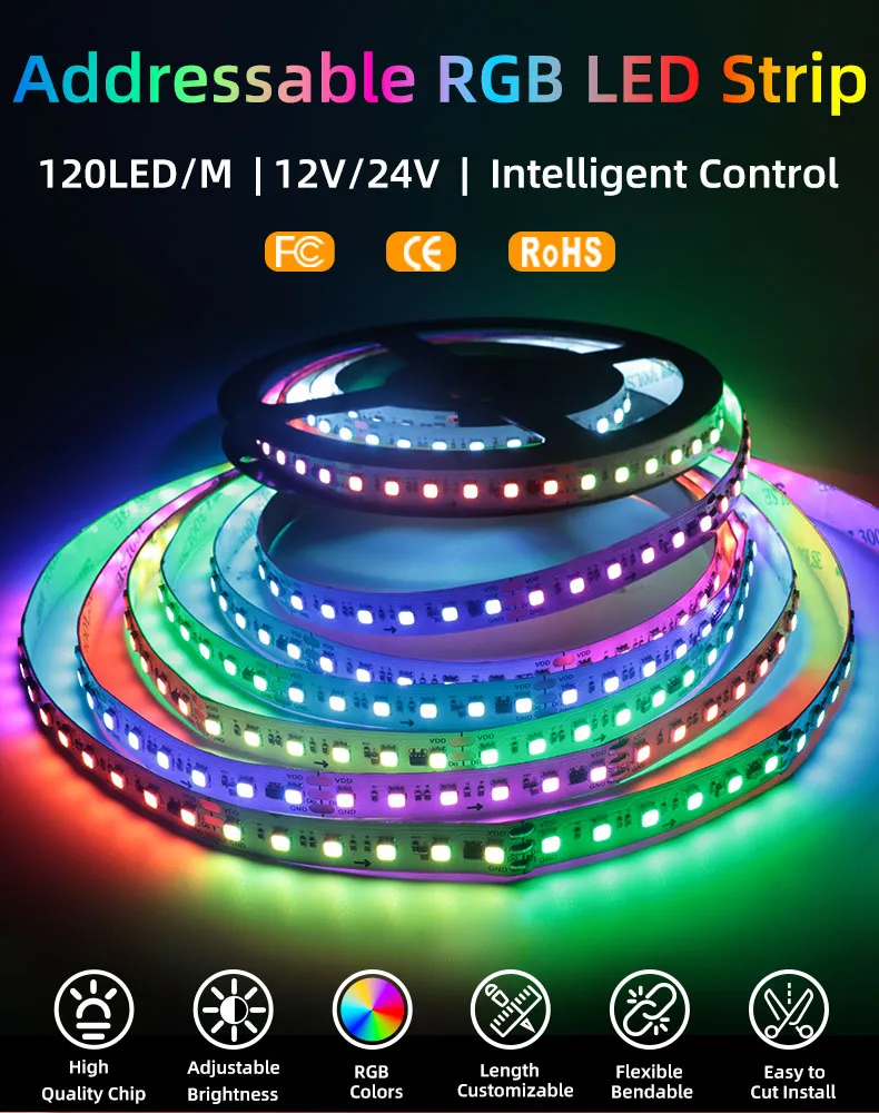 WS2811 Fita de LED RGB endereçável 12V 24V 60 72 84 96 120LEDs/M Fita de LED com pixel inteligente com controle de aplicativo de sincronia musical para decoração de festas em casa