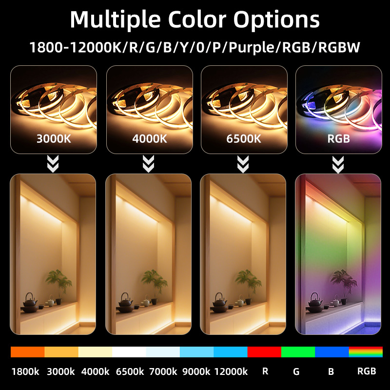 Fita de LED COB de alta densidade flexível OEM ODM 24V Dimerizável para armário, luz de fundo de TV, quarto, cozinha