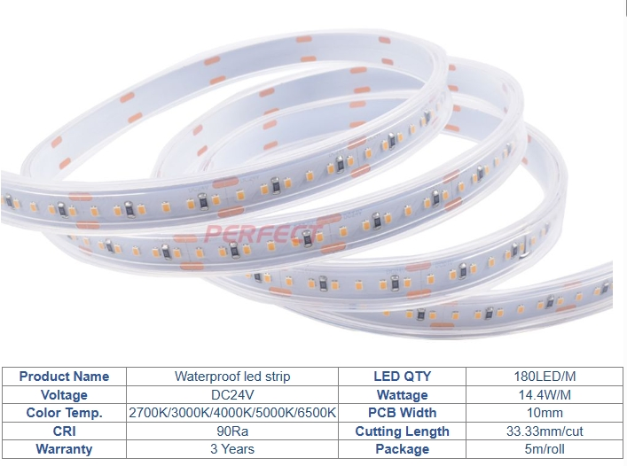 Fita de Luz LED Silicone à Prova d'Água Branca Quente IP67 IP65 com UL CE RoHS para Decoração Comercial SMD2216 180LED