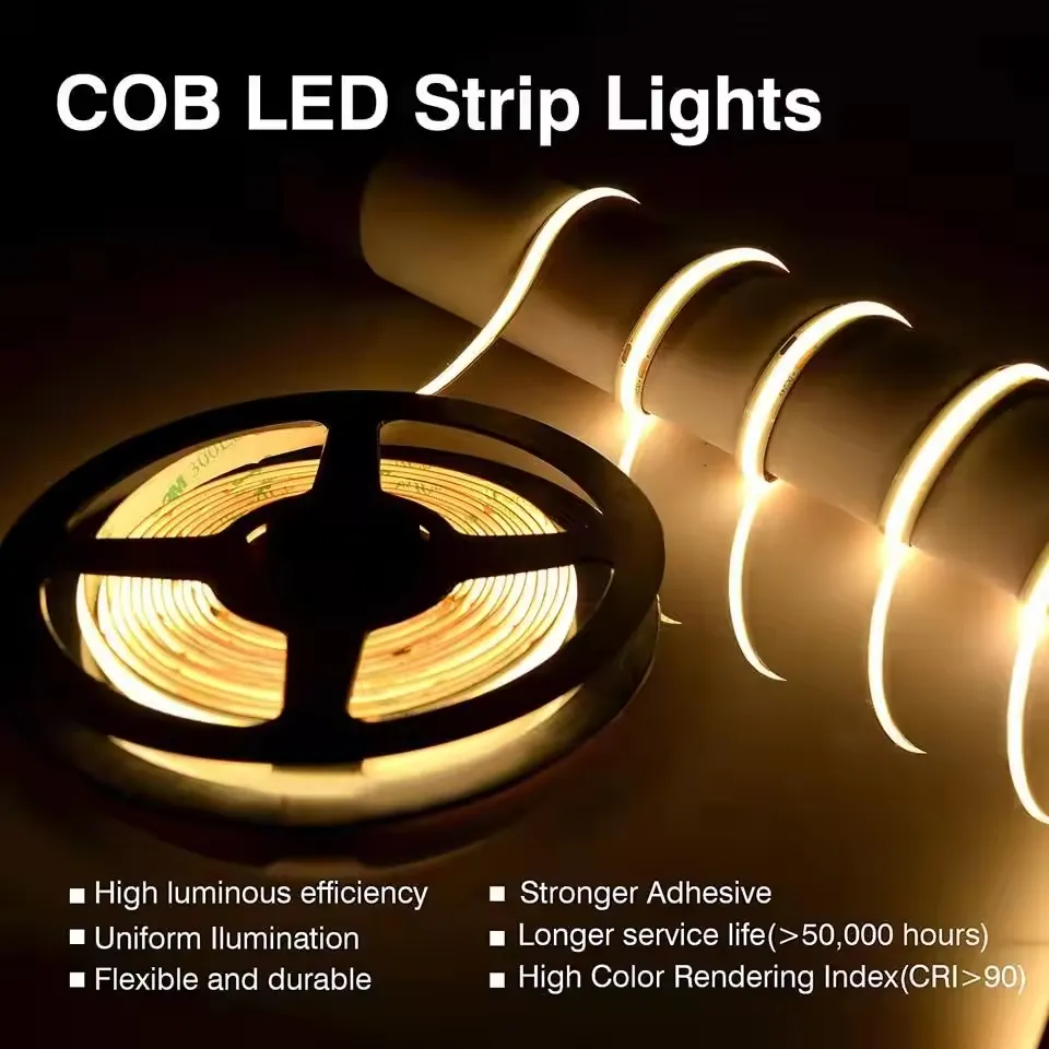 Fita LED Sem DOT 2700K/3000K/4000K/5000K/6000K 12V Luzes de LED COB Flexíveis para Iluminação Comercial