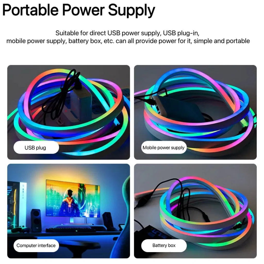 Fita LED Neon RGB 5V 5m IP65 Impermeável DIY Fita Neon USB com Controle Remoto Rolo Flexível para Iluminação de Decoração de Casa