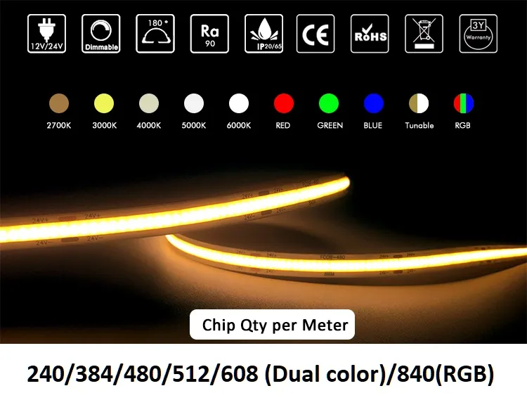 IP68 Fita LED COB à prova d'água 384 LED/M 12V 24V Fita LED flexível CRI 90 Fita Fob iluminação externa para casa
