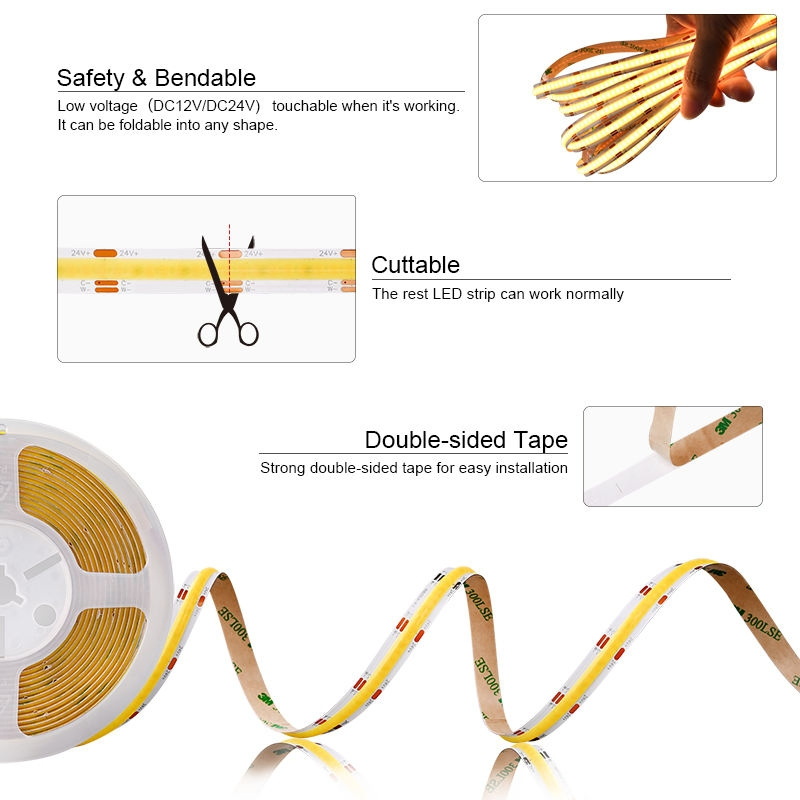 400 Fita de LED COB de Alta Densidade Sem Pontos Flexível 12V 24V Iluminação Ultra Brilhante para Exibição em Gabinetes