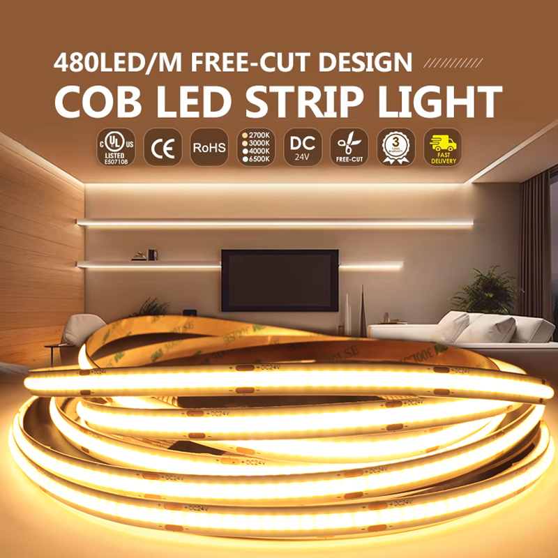 Alta Brilho CRI90 5mm 8mm 10mm Fita LED COB 480LEDs/m Sem Pontos 24v Fita Flexível LED COB para Iluminação de Armários