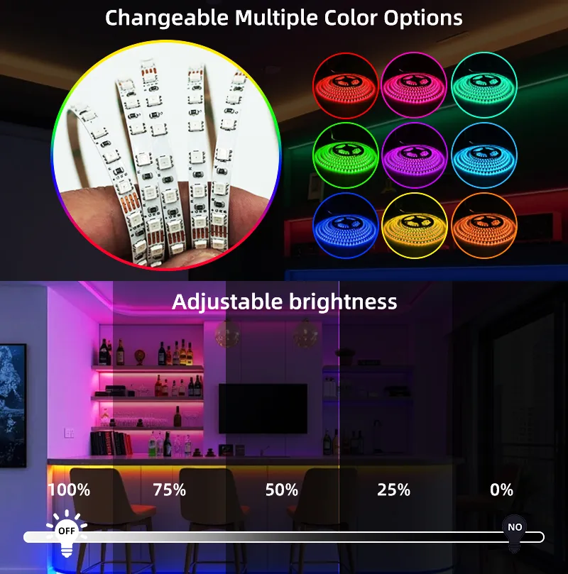 Fita de LED RGB flexível multi colorida dinâmica SMD 5050 60LEDs/m para KTV, bar, teto, parede