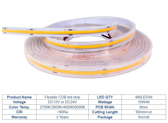 8mm Placa de Circuito Impresso IP65 IP67 Silicone à Prova d'Água 480LED Fita LED COB para Decoração de Edifícios Comerciais e Residenciais