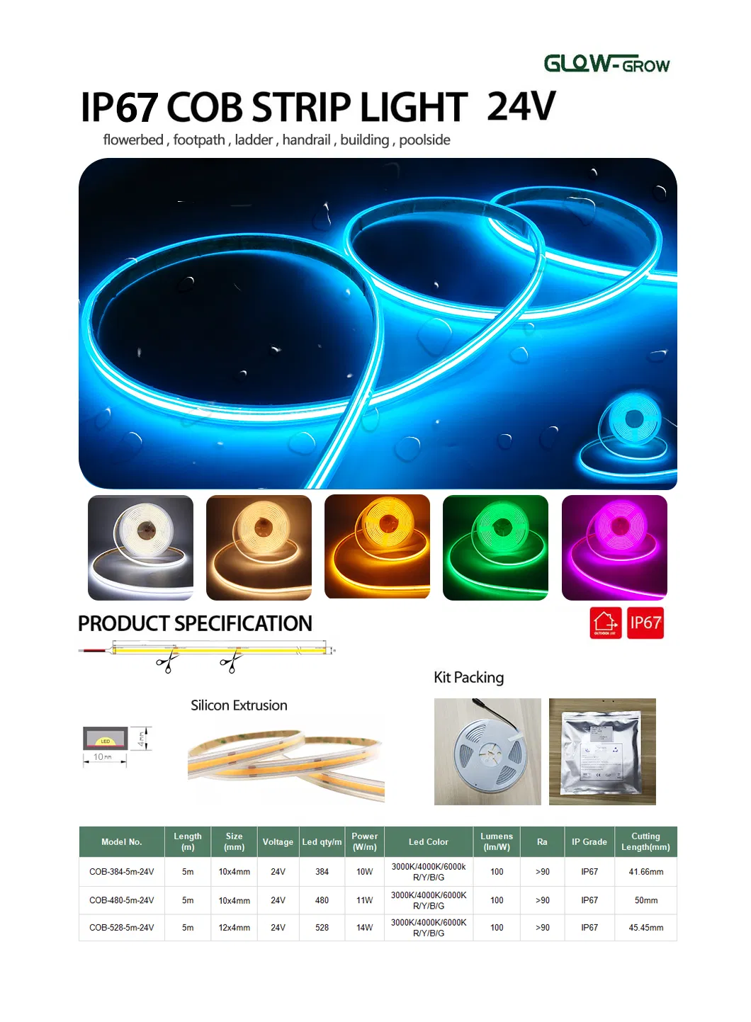 Fita de LED COB flexível vermelha à prova d'água de silicone IP67 para decoração comercial SMD2835