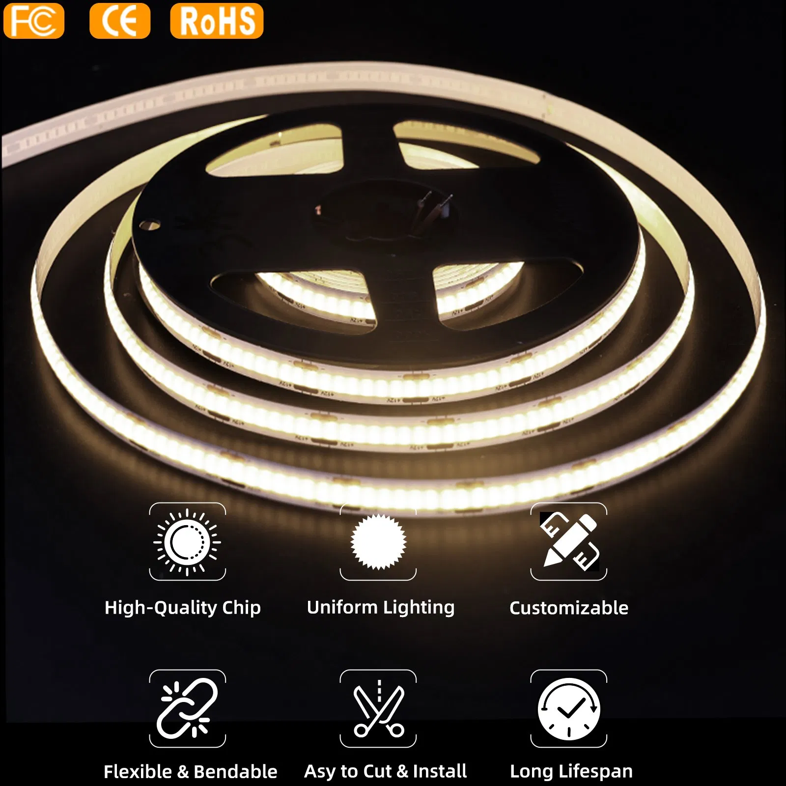Fita de Led Cob de Alta Densidade 12V 24V 8mm Cri 95 Adesiva Flexível Sem Pontos para Iluminação de Fundo de TV