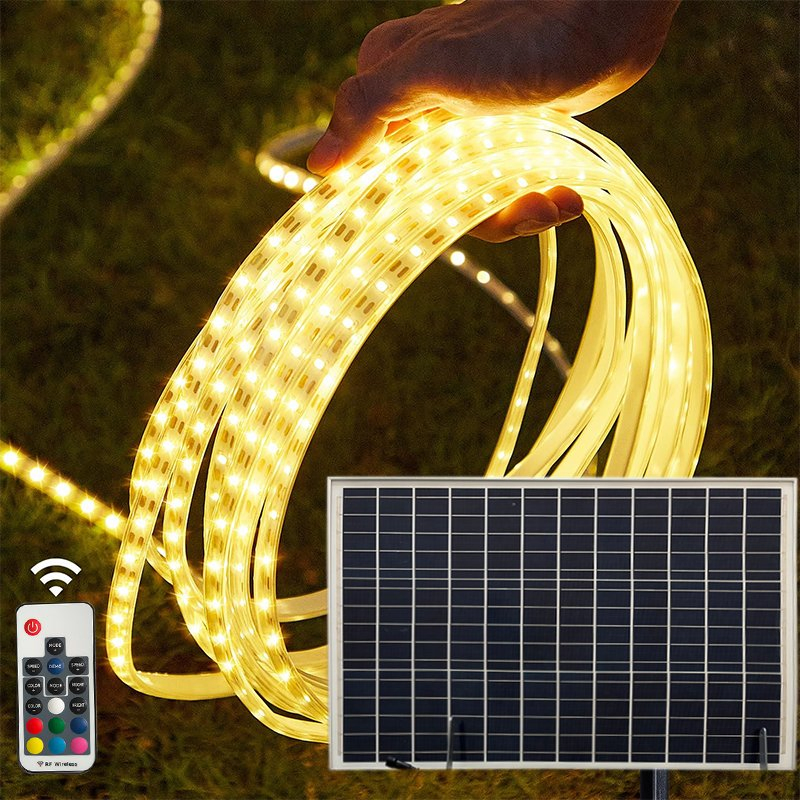Fitas de Luz Solar para Exterior à Prova d'Água, 16.4FT 300LEDs Fitas LED Alimentadas por Solar e USB com Controle Remoto 3000K Fitas LED Branco Quente