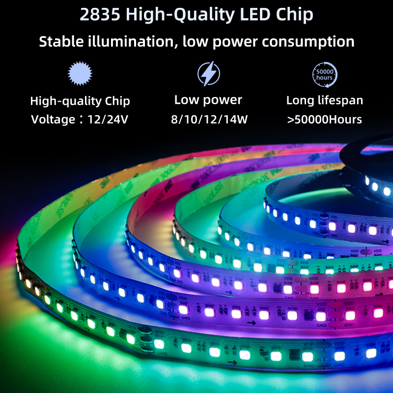 WS2811 Fita de LED RGB endereçável 12V 24V 60 72 84 96 120LEDs/M Fita de LED com pixel inteligente com controle de aplicativo de sincronia musical para decoração de festas em casa